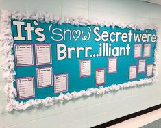 a bulletin board on the wall in a school hallway that says it's snow secret web brrr brilliant