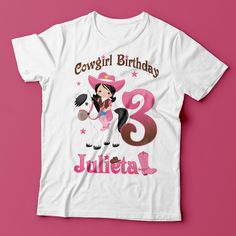 This is a Cowgirl Birthday Shirt. We have shirts available for the whole family. They are perfect for pictures and for parties. For more Cowgirl Party Supplies check our shop! Upgarde for long sleeve: https://www.etsy.com/listing/886339000/long-sleeve-shirt-upgrade?ref=shop_home_active_1&frs=1 This is a sublimated shirt on a 100% cotton shirt. It is NOT screen print or Vinyl. We do offer Glittery Vinyl upgrades just contact us for more information. There may be color a difference from image Cute Pink T-shirt For Birthday Gift, Pink Graphic Print Shirt For Birthday Gift, Pink Graphic Print Shirt As Birthday Gift, Pink Shirt With Character Print For Birthday, Pink Character Print Shirt For Birthday, Pink Character Print Tops For Birthday, Personalized Pink T-shirt For Birthday, Pre-shrunk Pink Shirt For Birthday, Pink Custom Print Birthday T-shirt