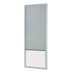 a white window with blinds on the side and bottom panel, in front of a white wall