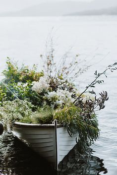 a boat with plants in it floating on the water