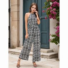 Casual Patterned Jumpsuits And Rompers For Spring, Pant Length, Wide Leg Trousers, Dressmaking, High Waist, Wide Leg, Trousers, Relaxed Fit, High Waisted