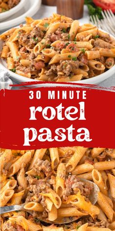 two plates filled with pasta and meat on top of each other, the text reads 30 minute roti pasta