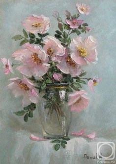 a painting of pink flowers in a glass vase