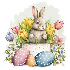 a watercolor painting of an easter bunny sitting in a basket with flowers and eggs