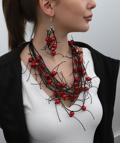 Hand made leather cherry branch designed jewelry set with wooden red beads Red Stone Jewelry, Red Stone Necklace, Red Beaded Necklaces, Bohemian Style Jewelry, Necklace For Mom, Red Accessories, Bohemian Accessories, Necklace Patterns, Red Beads