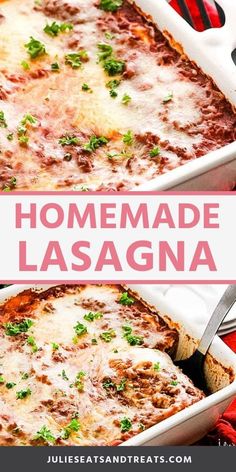 homemade lasagna in a casserole dish with cheese and parsley