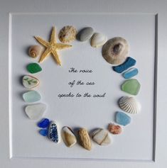 there is a frame with shells and starfish on it that says the voice of the sea speaks to the soul