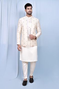 Cream jacket with thread embroidered floral butta. Paired with matching kurta and pant. - Aza Fashions Festive Front Open Sets With Chikankari Embroidery, Embroidered Straight Kurta Bandhgala For Reception, Festive Suits With Resham Embroidery For Diwali, Festive Suits With Resham Embroidery For Festivals, Festive Long Sleeve Nehru Jacket With Chikankari Embroidery, Festive Diwali Suits With Resham Embroidery, Straight Kurta Nehru Jacket With Intricate Embroidery For Reception, Reception Nehru Jacket With Intricate Embroidery, Festive Front Open Kurta With Intricate Embroidery