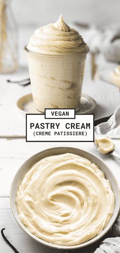 vegan pastry cream in a bowl next to a spoon