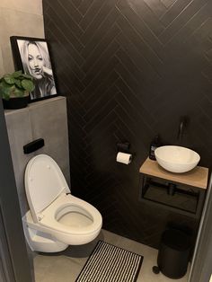 a white toilet sitting in a bathroom next to a black and white rug on the floor