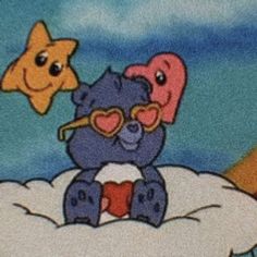 a cartoon bear sitting on top of a cloud next to a star wars character in the sky