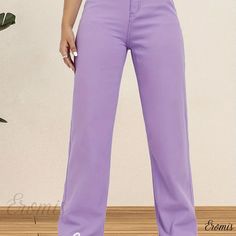 Eromis - Womens Loose-Fit Non-Stretch Casual Denim Pants with Purple Frayed Hem - Stylish Baggy Jeans for Comfort and Style Purple Jeans For Spring, Purple Full-length Jeans For Spring, Purple Full Length Jeans For Spring, Purple Spring Jeans, High Rise Purple Bottoms With Pockets, Casual Stretch Purple Jeans, Casual Purple Stretch Jeans, Casual Full-length Purple Jeans, Casual Full Length Purple Jeans