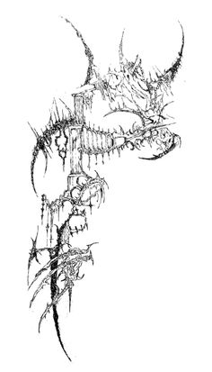 a black and white drawing of a dragon's head with spikes on its back