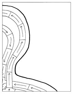 a black and white drawing of a curved road with an arrow pointing to the right