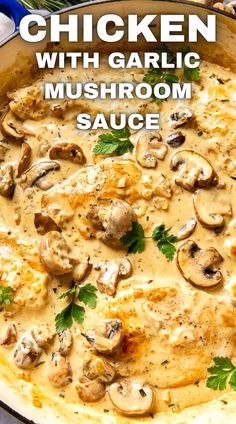 chicken in garlic mushroom sauce with parsley on top