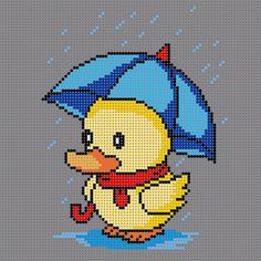 a cross stitch ducky with an umbrella in the rain