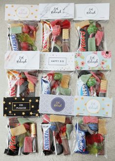 many different types of candies in plastic bags