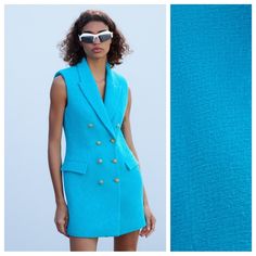 Nwt. Zara Turquoise Textured Waistcoat Dress With Lapel Collar, Sleeveless, Flap Pockets At Front, Contrast Print Lining, Double Breasted Front Closure With Embossed Metal Buttons. Size M. Ref. 2850/469. Pit To Pit 18" Flat, Shoulders 14,5", Waist 16", Length 32". Formal Blue V-neck Outerwear, Blue Formal Summer Outerwear, Light Blue Summer Workwear Outerwear, Tailored Chic Blue Dress, Chic Light Blue Summer Outerwear, Blue Sleeveless Spring Outerwear, Elegant Blue Sleeveless Outerwear, Elegant Sleeveless Blue Outerwear, Tailored Sleeveless Summer Outerwear