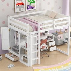 a child's bedroom with a loft bed and desk underneath the bed is decorated in pastel colors