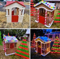 four different types of christmas decorations in various styles and sizes, including a small house with candy canes on the roof