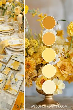 the table is set with yellow and white flowers