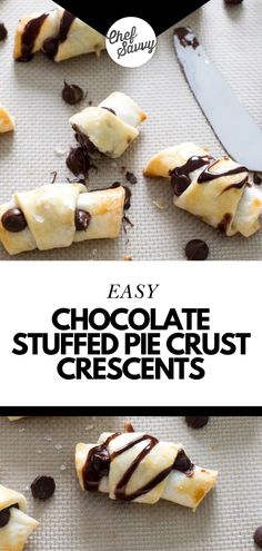 chocolate stuffed pretzels are sitting on a baking sheet with the title overlay reading easy chocolate stuffed pretzels