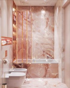 a bathroom with pink marble walls and flooring