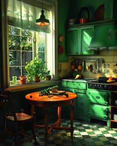 a kitchen with green cabinets and an orange table