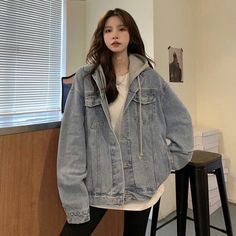 Oversized Hooded Basic Denim Jacket Buddha Trends Long Sleeve Jean Jacket, Denim Retro, Lightweight Denim Jacket, Instagram Dress, Hooded Denim Jacket, Womens Jackets Casual, Oversized Jeans, Streetwear Clothes, Jean Jacket Women