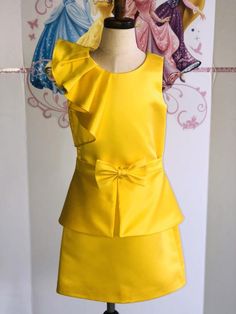 Fitted Yellow Dress For Dress-up, Yellow Fitted Dress For Dress-up, Fitted Yellow Dress With Bow, Formal Yellow Ruffled Dress, Yellow Spring Dress With Bow, Yellow Satin Party Dress, Gold Party Dress With Bow, Yellow Ruffled Dress For Parties, Yellow Pageant Dresses