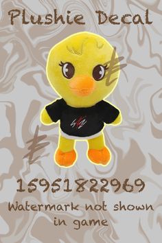 a yellow stuffed bird with a black shirt on it's chest and the words, plushie decal