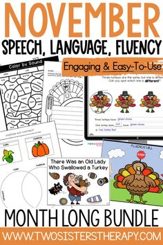 the november speech, language and fluncy worksheet is shown with pictures of turkeys