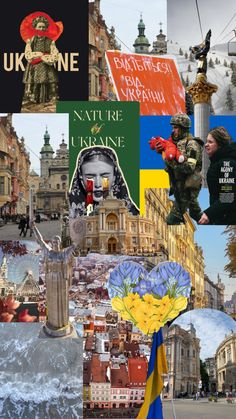 the collage shows many different pictures and people in various countries, including buildings with flags