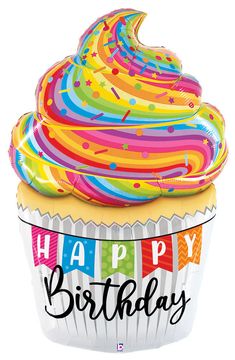 happy birthday cupcake with rainbow swirls foil balloon in a white container on a white background