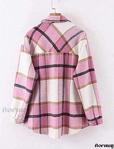 Bormay – Buttoned Collar Plaid Shirt Jacket with Long Sleeves – Versatile Outerwear – Bormay Pink Long Sleeve Winter Shacket, Pink Long Sleeve Shacket For Winter, Pink Winter Casual Shacket, Pink Casual Winter Shacket, Casual Pink Winter Shacket, Casual Pink Shacket For Winter, Pink Collared Shacket For Winter, Plaid Long Sleeve Shacket For Spring, Long Sleeve Pink Outerwear For Fall