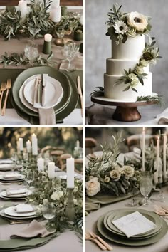 the table is set with green and white plates, silverware, flowers and candles