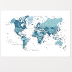 the world map is shown in blue and white