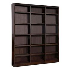 an empty bookcase with several shelves on the front and back sides, against a white background