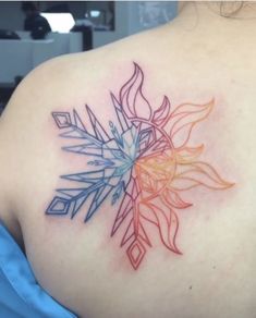 the back of a woman's shoulder with an abstract tattoo design on it