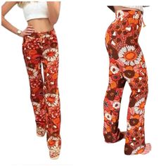 Zara 70’s Retro Vibes Orange Floral Print High Waist Pant Leggings Color: Orange/ Brown Size: Small Nwot Bloggers Favorite! Perfect For The Fall Weather. High-Waisted Leggings With Adjustable Elastic Waistband With Draw Cord And Toggle. Measurements Are Approximate: Waits: 14” Rise: 11.5” Inseam: 34” Cheap Orange Floral Print Bottoms, Retro High-waisted Orange Pants, Retro Orange High-waisted Pants, Retro Orange Full-length Bottoms, Pant Leggings, Free People Orange Flare Pants, Orange Floral Print, Zara Jumpsuit, Zara Pants