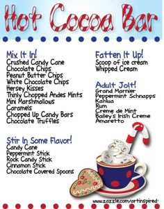 the hot cocoa bar menu is shown in red, white and blue