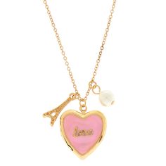 Keep your favorite memories with you all the time with this super cute locket necklace! This pink locket says "Love" on the front and also features an imitation pearl and an Eiffel Tower charm. Finish: Gold-tone Length: 16" Closure: Lobster clasp Material: Metal - Claire's Love Paris Locket Pendant Necklace - Pink Pink Heart-shaped Charm Necklaces With Lobster Clasp, Pink Heart Pendant Charm Necklace With Lobster Clasp, Pink Heart-shaped Charm Necklace With Lobster Clasp, Pink Heart Shaped Locket Jewelry, Pink Heart Locket Jewelry, Personalized Pink Jewelry For Keepsake, Personalized Vintage Pink Jewelry, Pink Locket Necklace For Mother's Day, Pink Pearl Charm Jewelry For Valentine's Day