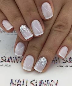 French Tip Bride Nails, White Tip Gel Nails Short, Wedding Nails With Silver Glitter, White Silver Wedding Nails, Elegant Wedding Nails For Bride White French Tip, Wedding Nails Silver Glitter, Manicure Gel Nails, Off White French Tip Nails, French Silver Nails