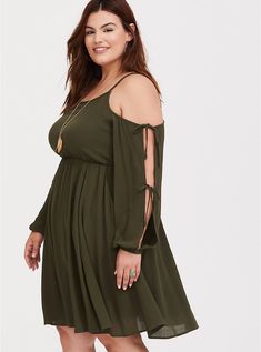 Olive Tie Sleeve Gauze Skater Dress, DIANNE FLORAL Olive Tie, Womens Clothing Websites, Bohemian Dresses, Olive Green Dresses, Tie Sleeve, Torrid Dresses, Work Outfits Women, Tie Dress, Women Dresses