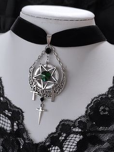 Embrace your dark, gothic style with our original pentagram choker. This velvet choker features a striking pentagram design with a crescent moon and sword, adding a touch of punk edge to your look. Perfect for those who love the gothic aesthetic, this choker is a statement piece that exudes mystery and allure.   Please note that this product includes only the choker. Garment Size SizeFree SizeLength30+5Width2 Silver Gothic Choker For Cosplay, Gothic Oc, Pentagram Choker, Macabre Fashion, Pentagram Jewelry, Pentagram Design, Steampunk Fashion Male, Vampire Goth, Black Punks