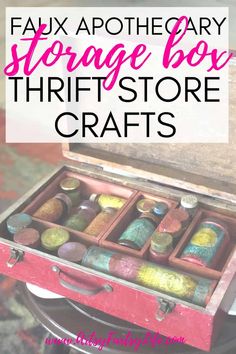 an old suitcase filled with different types of crafting supplies and text overlay reads faux apothecary storage box thrift store crafts