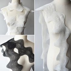 three different views of a mannequin with black and white patterns on it's body