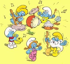 the smurfs are playing musical instruments together