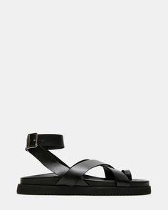 MIRA Black Leather Strappy Sandal | Women's Sandals – Steve Madden Black Leather Sandals With Single Strap, Black Leather Single Strap Sandals, Leather Sandals With Low Heel And Strap, Black Toe Loop Sandals With Buckle Closure, Black Sandals With Adjustable Strap And Low Heel, Summer 24, Strappy Sandals, Women's Sandals, Shoe Collection