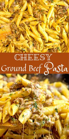 cheesy ground beef pasta in a skillet